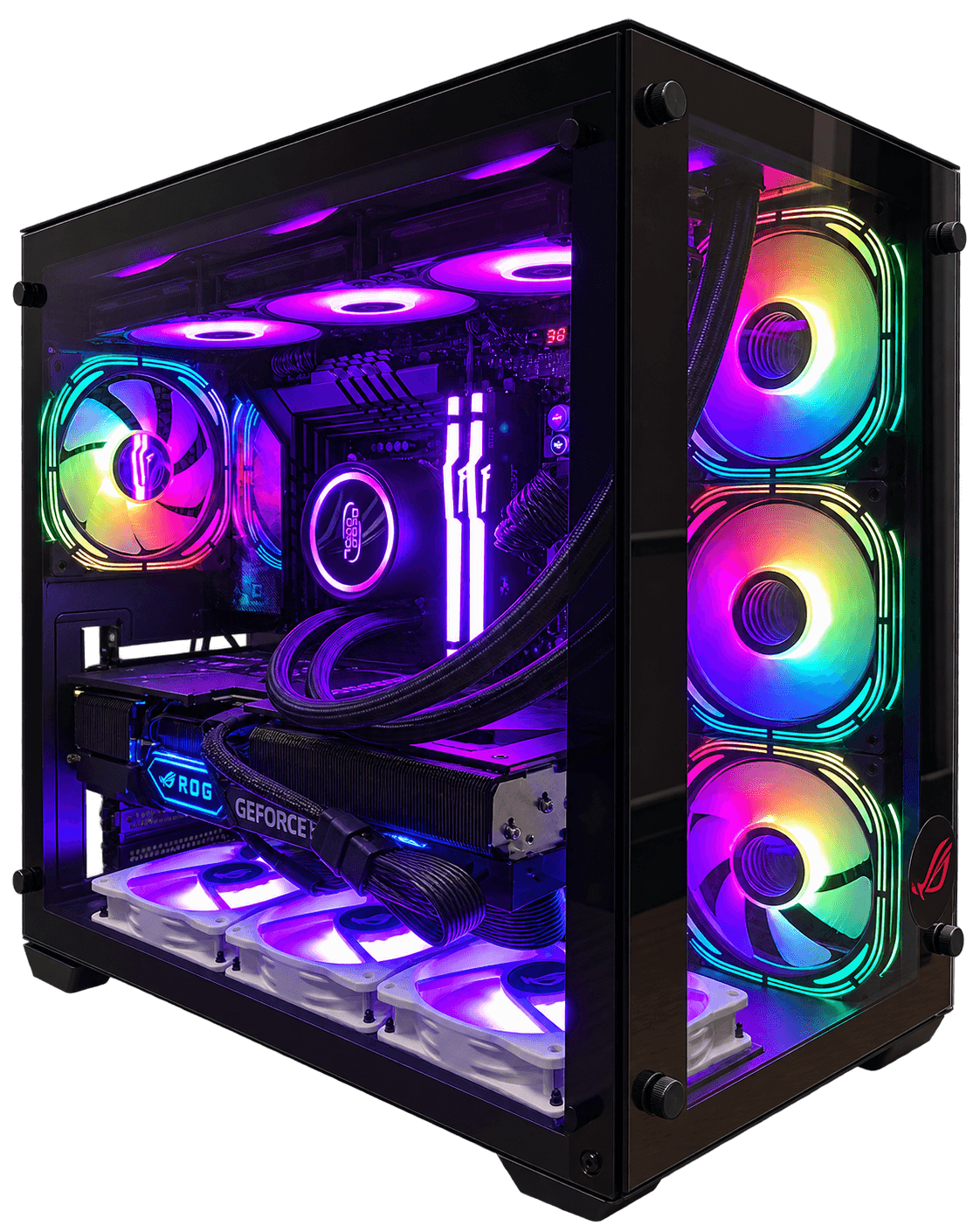 PC gamer montado pela BPInfo com gabinete em vidro temperado e iluminação RGB multicolorida