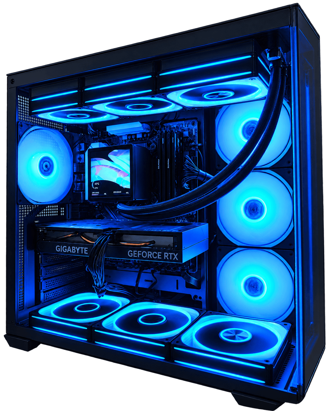 PC gamer montado pela BPInfo com iluminação RGB azul e ventoinhas sincronizadas
